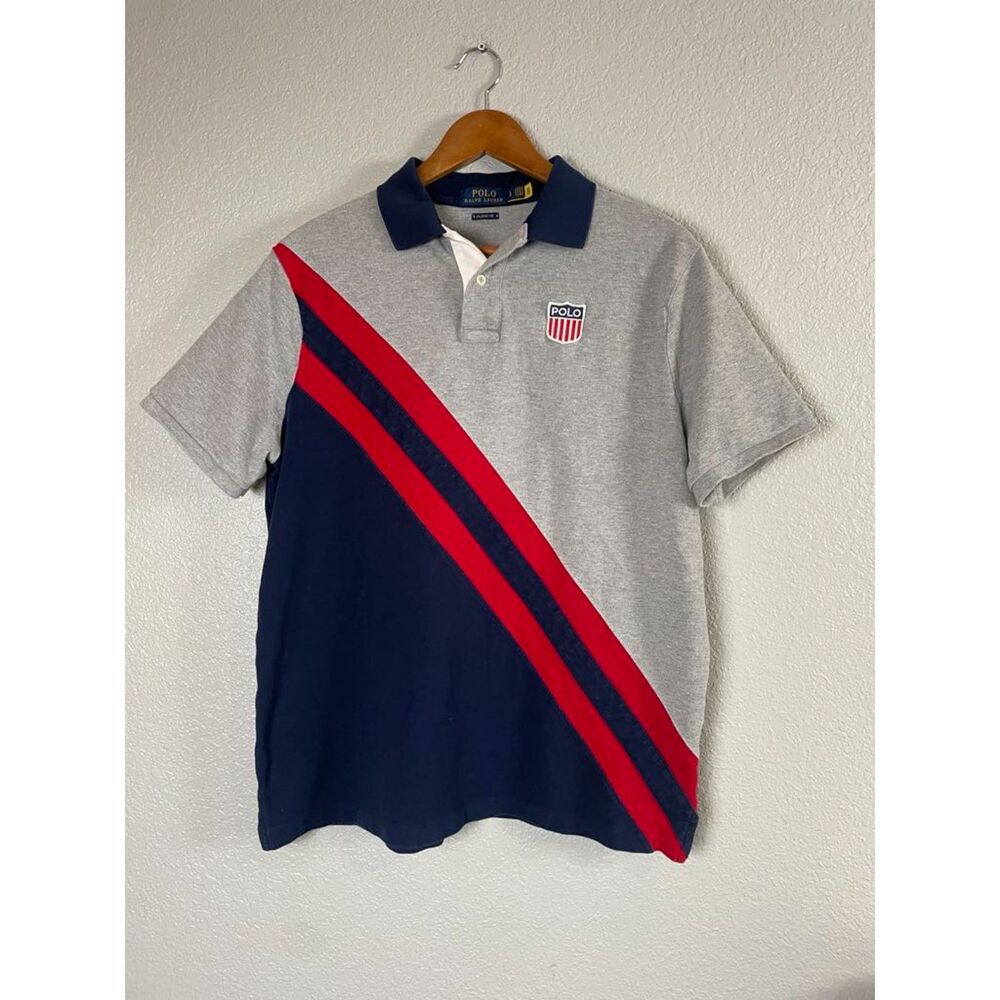 Polo Ralph Lauren Men's Size L Gray Navy Red Polo Shirt Sash Shield Classic Fit - Picture 2 of 8